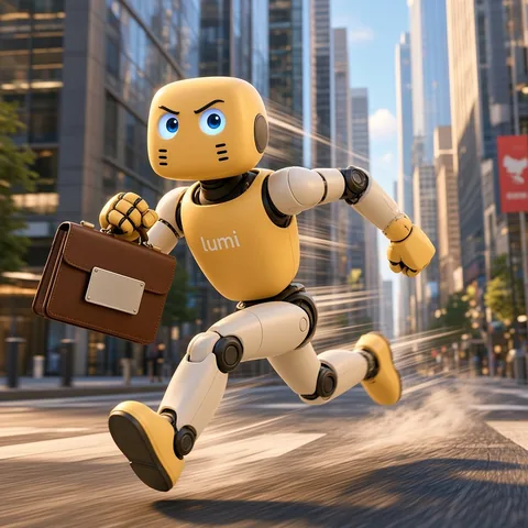 Lumi rushing with tiny briefcase — Wall Street vibes